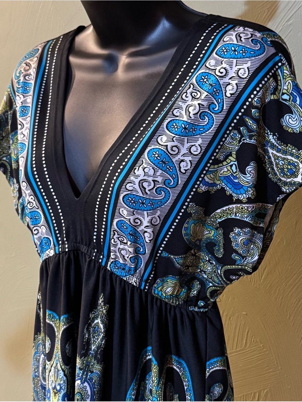 Bailey Blue Paisley V-Neck Dress Empire Waist Women's Size M Black Blue Green - Picture 3 of 13